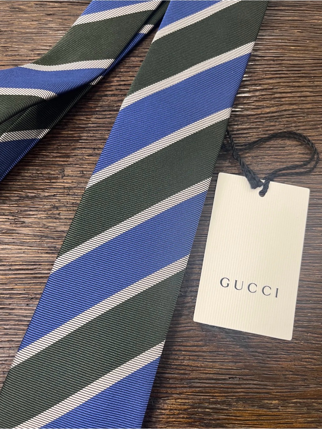 Gucci Blue Green And White Diagonal Stripe Silk Tie
